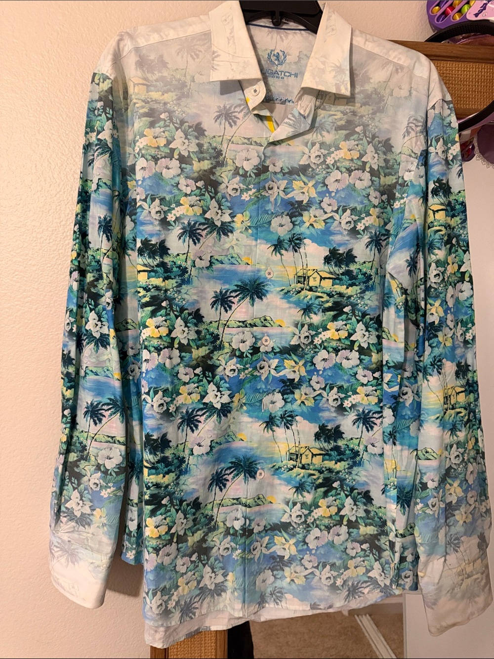 Bugatchi Tropical Floral Resort Button-Up Shirt - Blue Green Cream